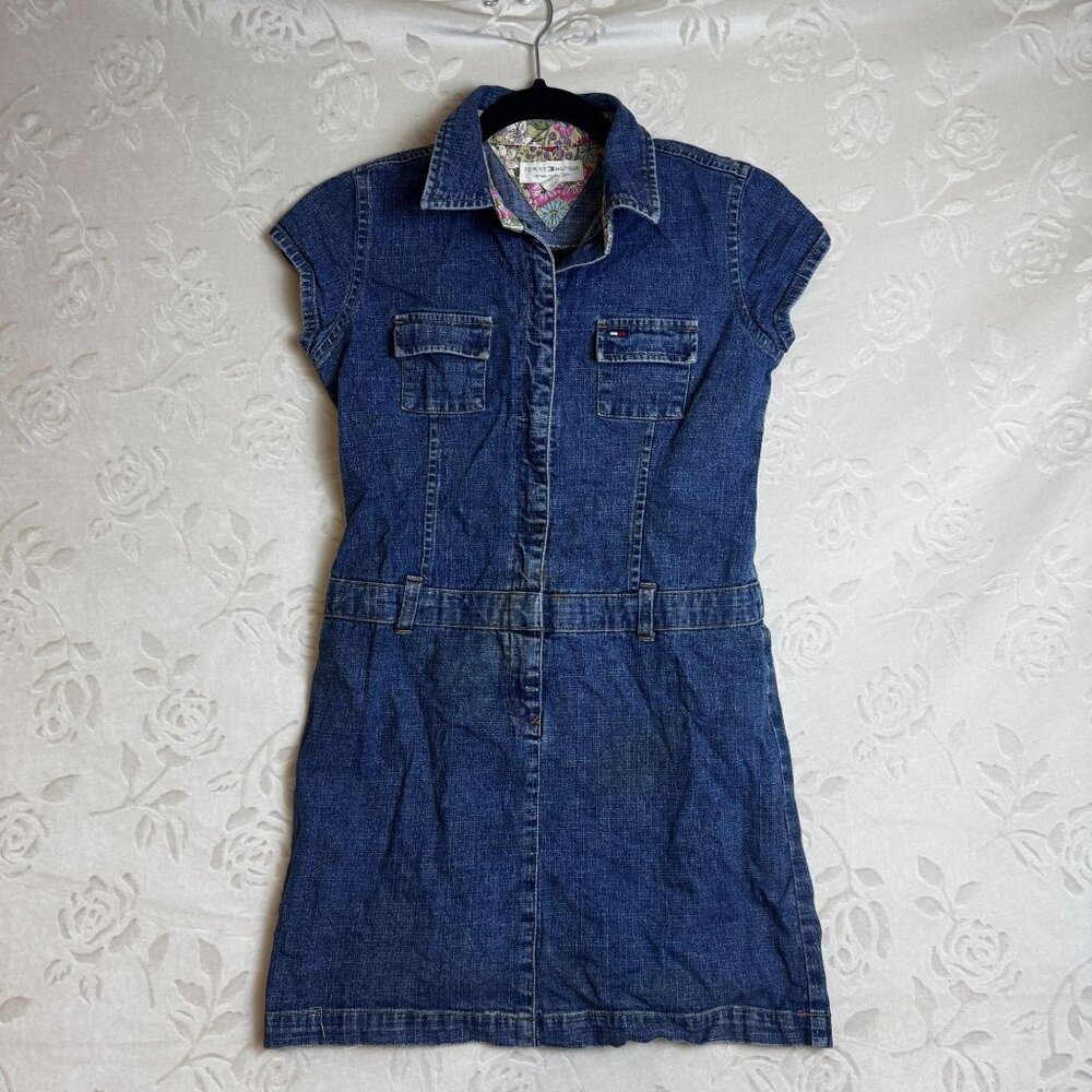 Y2K Tommy Hilfiger Denim Jean Girls Dress Size 12 Zip Front Short Sleeve Casual